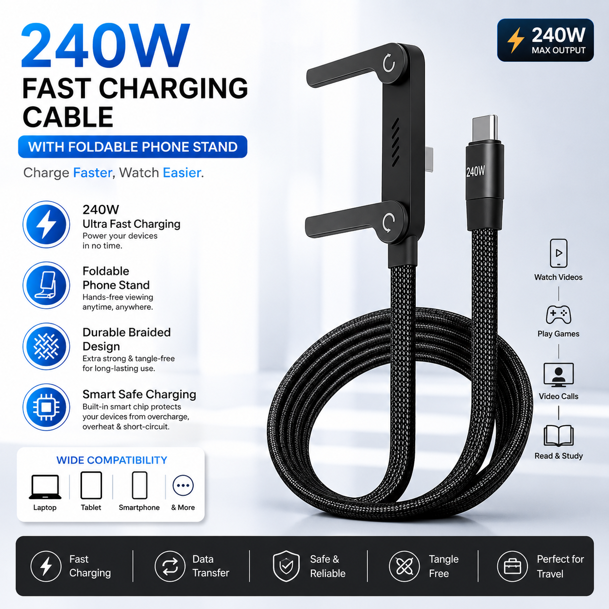 2-in-1 Invisible Holder Charger Cable with Stand - 240W Fast Charging